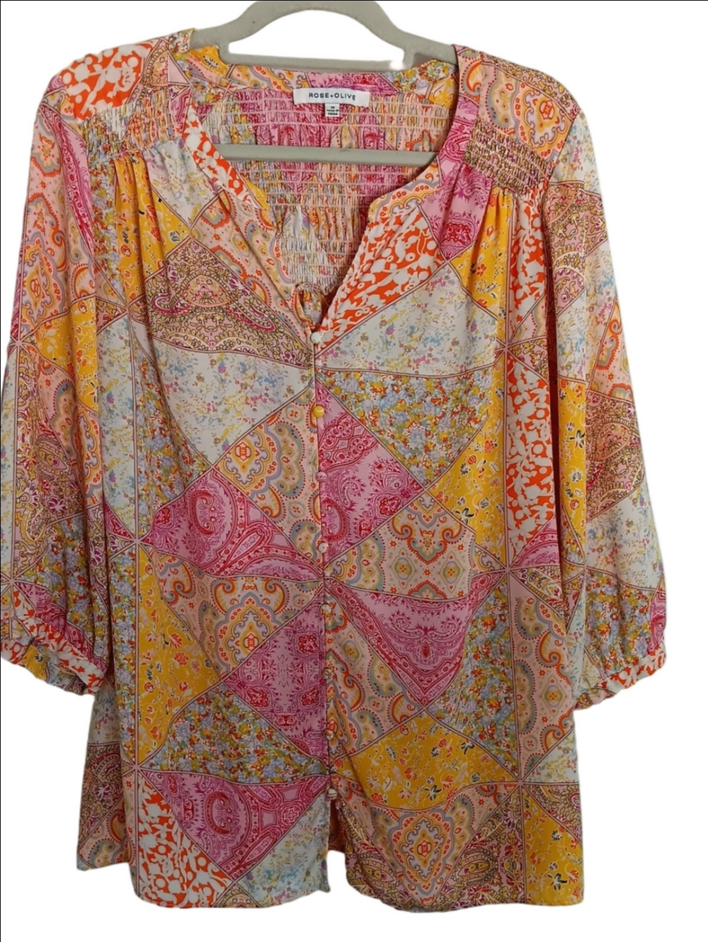 Rose & Olive Pink Yellow Patchwork Paisley Tunic Blouse Smocked Back Lightweight